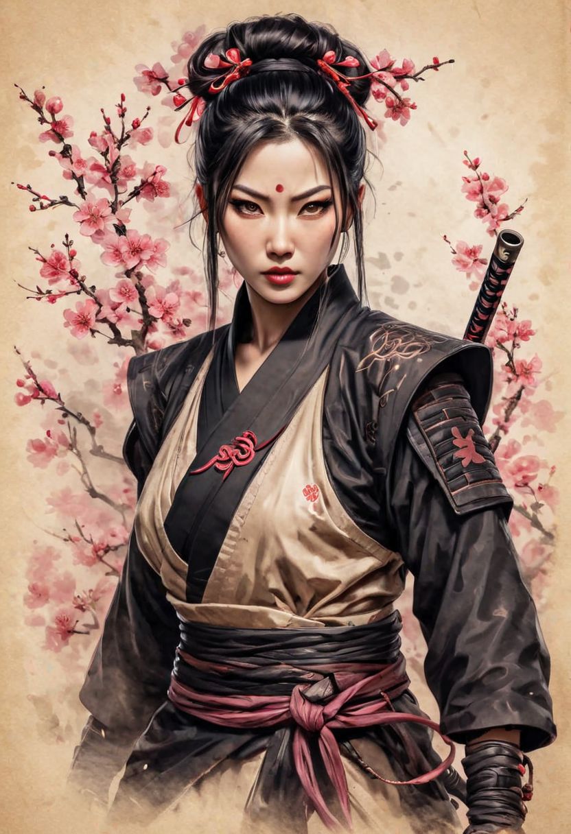 ink illustration on parchment, portrait, masterpiece, high resolution, A demon-hunter ninja, Asian, woman, Japanese aesthetics, bronze jewelry, tattoos, eye focus, action pose, cherry bloom. BadDream, DEVIL SPAWN.