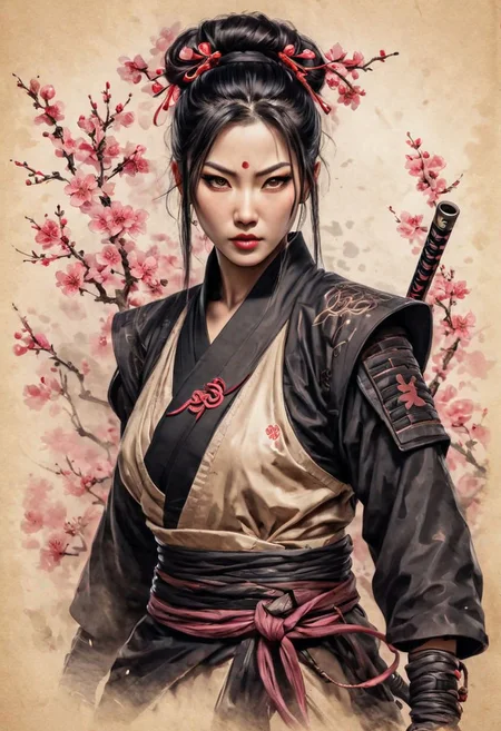 ink illustration on parchment, portrait, masterpiece, high resolution, A demon-hunter ninja, Asian, woman, Japanese aesthetics, bronze jewelry, tattoos, eye focus, action pose, cherry bloom. BadDream, DEVIL SPAWN.