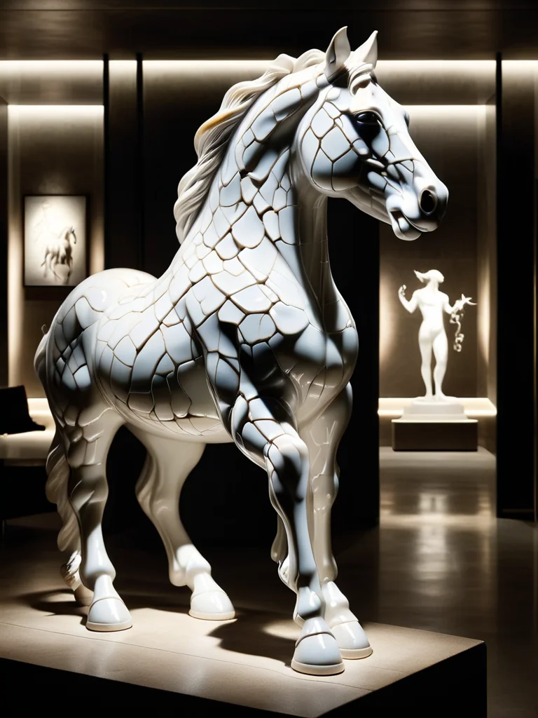 a statue of a horse, indoors, artificial lighting, dark ambience <lora:ral-porcelain-sdxl:1> ral-porcelain