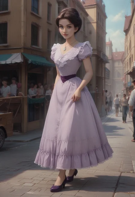 score_9, score_8_up, score_7_up, score_6_up, source_anime, 
1girl, 21+ years old,
updo, brown_hair, golden necklace, lavender victorian dress, purple belt
Crowd, public, spectators
Smile, 
In streets, Victorian
London
Empire
Cowboy shot, view legs, Dynamic view, Dynamic angles, moving, walking, 
Side view