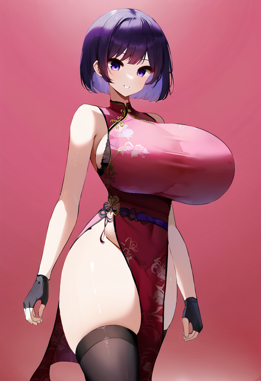 score_9, score_7_up,  1girl, 
solo, huge breasts, wide hips, thick thighs, chinese dress, china dress, qipao, purple eyes, side slit, smile, sleeveless, short hair, taut dress, purple hair, sleeveless dress, pelvic curtain, :d, pink dress, breasts, bob cut, purple belt, black thighhighs, belt, red background, taut clothes, thighs, fingerless gloves, thighhighs, short dress, dress, gloves, pink background
 <lora:Nicorima-Style-PonyXL-GLoRA-000044:1>