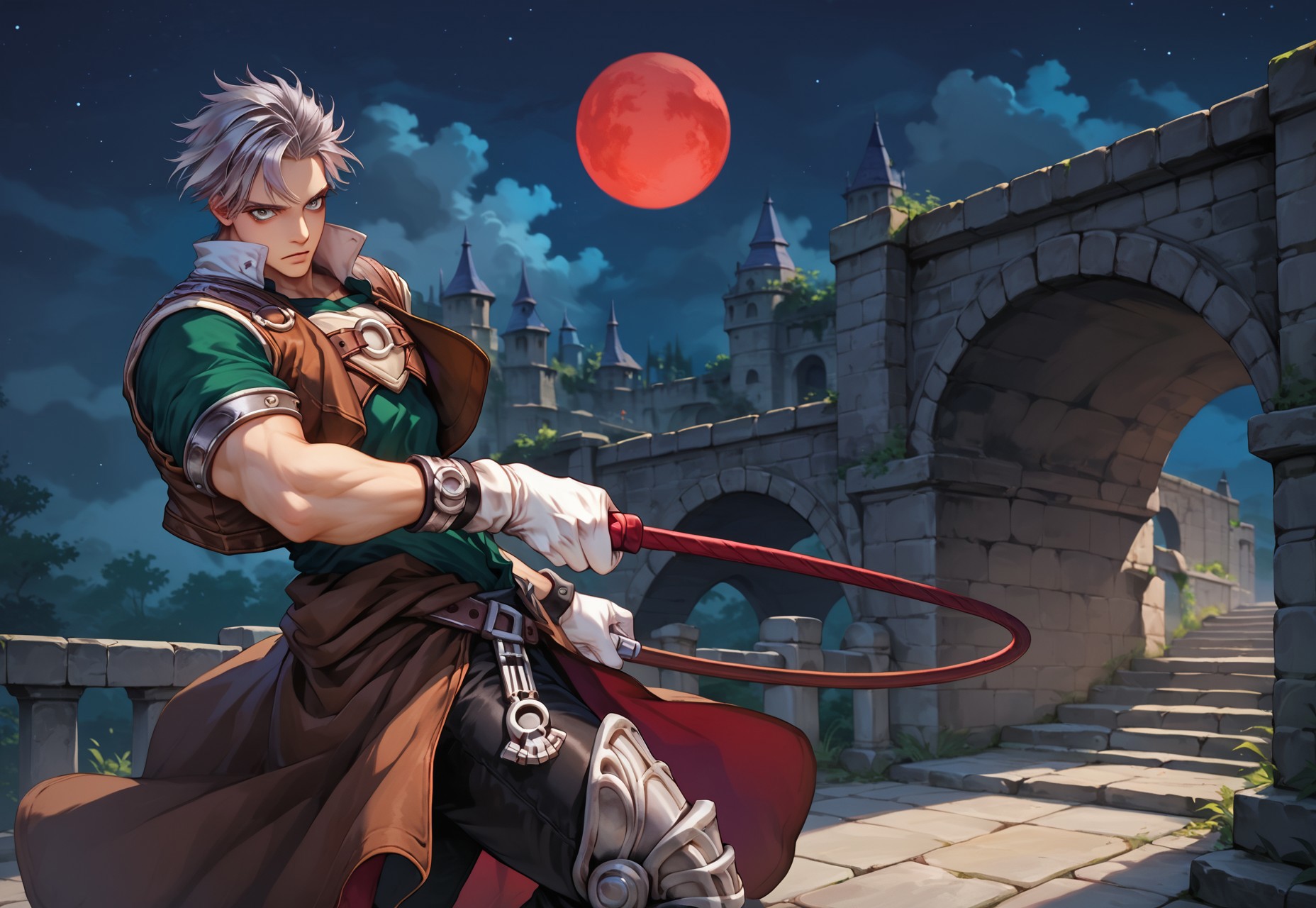 score_9, score_8_up, score_7_up, score_6_up, 1boy, (muscular:0.7), toned male, natgra, gray eyes, short hair, silver hair, steel greaves, plated footwear, brown skirt, black pants, green shirt, brown leather vest, silver belts, white gloves, silver chest plate, holding whip (weapon), large glowing red moon, (night:2), cloudy, red skies, stone bridge, (gothic aesthetic:1.3)