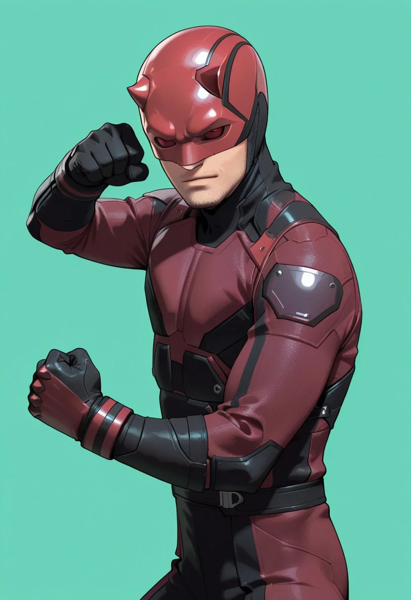 Green background, simple background, solid color background, 2d, 1boy, solo, Marvel, DD, mask, stubble, facial hair, helmet, red eyes, no pupils, red sclera, red bodysuit, black trim, upper body, hands up, fists, fight stance, looking at viewer, side view, cowboy shot, legs,