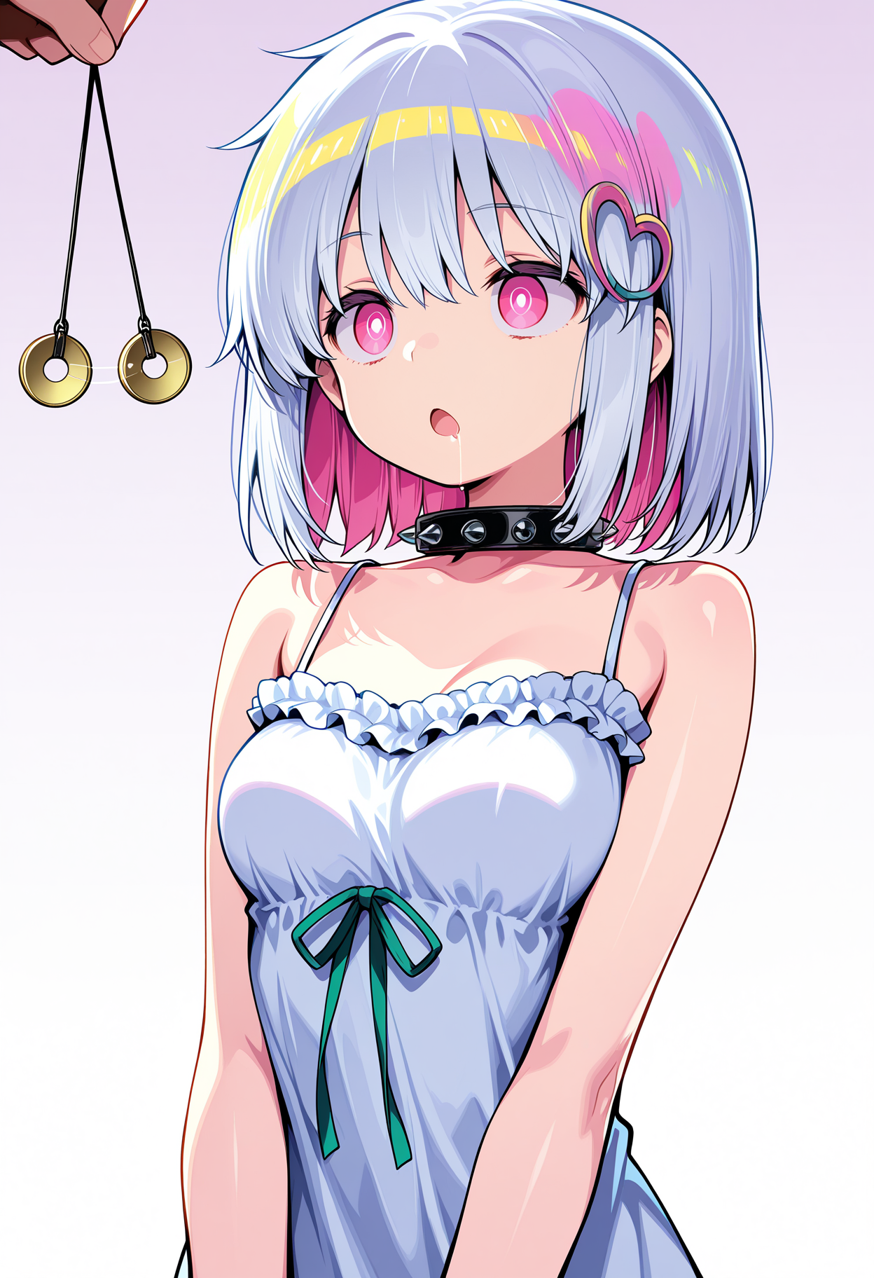 masterpiece, best quality amazing quality, bright eyes, very aesthetic, absurdres, girl, score_9, score_8, score_7, high res image, cute girl, ultra detailed eyes, clear skin, shiny hair, mind control, hypnosis, glowing eyes, upper body, short height, blank eyes, blank stare, empty eyes, ringed eyes, expression, gradient eyes, bright eyes, upper body, big eyes, open mouth, brainwashed, solo, 1girl, 
<lora:PornoIllus:1> dohnaporno, white pupils, medium breasts,, sundress, spiked collar, frills, sleeveless dress, frilled dress, bare shoulders, white dress, ribbon,
drooling,