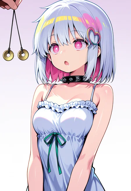 masterpiece, best quality amazing quality, bright eyes, very aesthetic, absurdres, girl, score_9, score_8, score_7, high res image, cute girl, ultra detailed eyes, clear skin, shiny hair, mind control, hypnosis, glowing eyes, upper body, short height, blank eyes, blank stare, empty eyes, ringed eyes, expression, gradient eyes, bright eyes, upper body, big eyes, open mouth, brainwashed, solo, 1girl,
<lora:PornoIllus:1> dohnaporno, white pupils, medium breasts,, sundress, spiked collar, frills, sleeveless dress, frilled dress, bare shoulders, white dress, ribbon,
drooling,