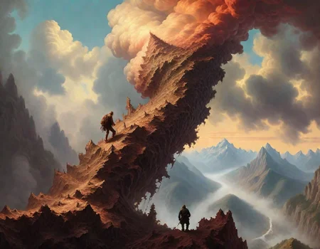 surrealistic, person climbing a Frac_XL mountain, in the style of Albert Bierstadt<lora:Frac_XL:1>