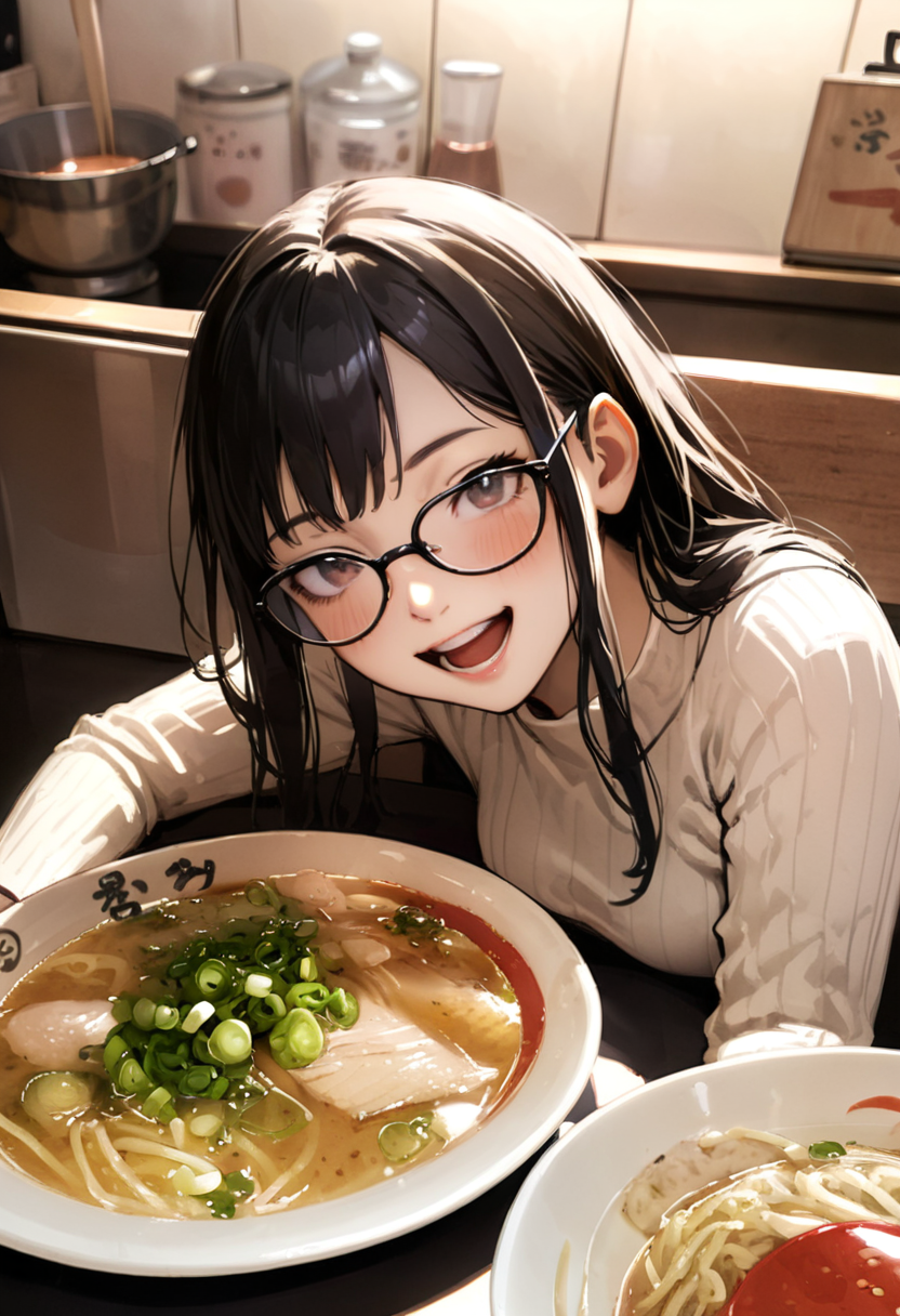 masterpiece, best quality, very aesthetic, absurdres,
miyakko_ramen, food focus, noodles, food, bowl, realistic, ramen, soup, spring onion, still life, cup, table, close-up
1girl, solo, glasses, black hair, long hair, white ribbed sweater, happy, smile, looking at viewer, open mouth, solo focus, sitting, across table, 
 <lora:miyakko_storefront_SDXL_V2:1>