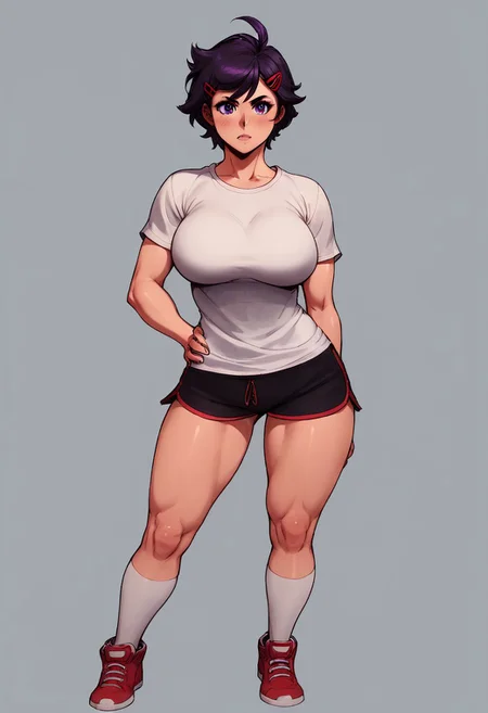 score_9, score_8, score_7_up, best quality, detailed face, 1 girl, solo focus, Jane, tall girl, muscular, short hair, single hairclip, purple eyes, brushed bangs, ahoge, big breasts, thighs, curvy, red and white shirt, short shorts, red shoes, white socks, one hand on hips, one hand being back, perfect eyes, perfecteyes