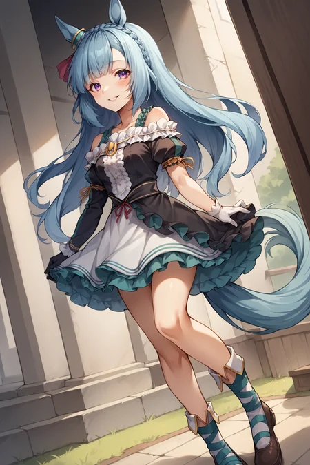score_9, score_8_up, score_7_up, , rating_general ,1girl , ards, crown braid, horse ears, ear ornament, frills, off-shoulder dress, uneven sleeves, asymmetrical gloves, horse tail, mismatched footwear, dynamic angle , source_anime    ,  cowboy shot, indoors, naughty face, smile, night, outdoors, <lora:ArdanPDCAME UMA:1>