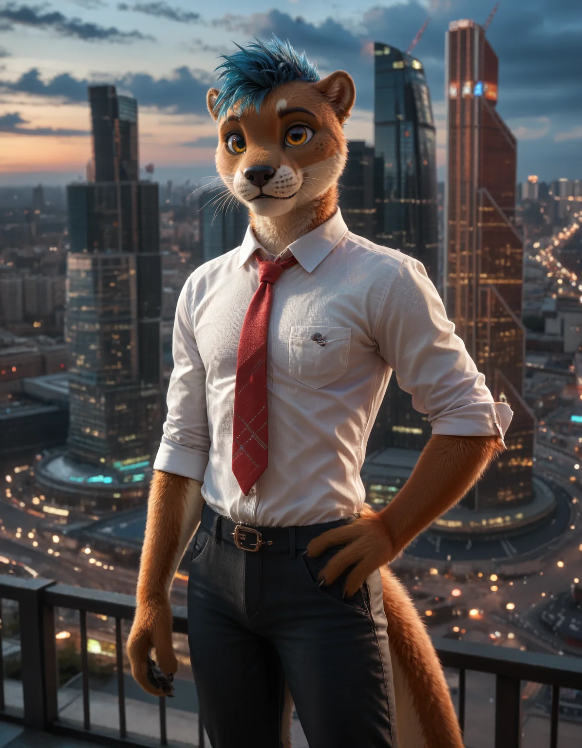 score_9, score_8_up, score_7_up, BREAK rating_safe, detailed, cinematic lighting, hdr, masterpiece, best quality, ultra realistic, 4k, 2k, film photography, RAW photo, photorealistic, analog style, subsurface scattering, photorealism, <lora:add-detail-xl:2.0>, <lora:2.5DRealisticV2.safetensors:0.25>, <lora:sinfully_stylish_SDXL.safetensors:1.0>, <lora:AdvancedEnhancerXLv2.safetensors:1.0>, solo, (anthro, furry:1.15), fluffy fur, detailed fur, (adult anthro male otter:1.2), otter tail, detailed fluffy fur, (otter ears, tiny ears, small ears:1.2), raised tail, yellow eyes, whiskers, grey spots in fur, halftone effect, ((gray and blue hair)), streaked hair, short hair, tail, claws, slim body, (black pawpads:1.1), dutch angle, looking aside, one hand on hip, (white shirt, monotonous red fabric tie, white collar, black pants:1.25), cute, BREAK <lora:moscow_city-14.safetensors:1.0>, (blurry background:1.2), moscow_city, night, neon light, scenery, sky, city, building, cityscape, outdoors, skyscraper, cloud, real world location,