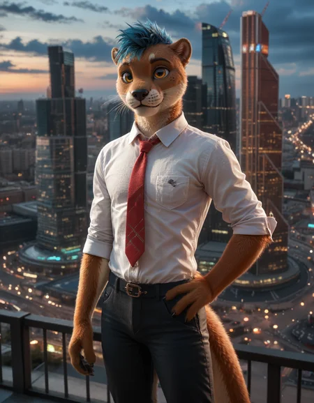 score_9, score_8_up, score_7_up, BREAK rating_safe, detailed, cinematic lighting, hdr, masterpiece, best quality, ultra realistic, 4k, 2k, film photography, RAW photo, photorealistic, analog style, subsurface scattering, photorealism, <lora:add-detail-xl:2.0>, <lora:2.5DRealisticV2.safetensors:0.25>, <lora:sinfully_stylish_SDXL.safetensors:1.0>, <lora:AdvancedEnhancerXLv2.safetensors:1.0>, solo, (anthro, furry:1.15), fluffy fur, detailed fur, (adult anthro male otter:1.2), otter tail, detailed fluffy fur, (otter ears, tiny ears, small ears:1.2), raised tail, yellow eyes, whiskers, grey spots in fur, halftone effect, ((gray and blue hair)), streaked hair, short hair, tail, claws, slim body, (black pawpads:1.1), dutch angle, looking aside, one hand on hip, (white shirt, monotonous red fabric tie, white collar, black pants:1.25), cute, BREAK <lora:moscow_city-14.safetensors:1.0>, (blurry background:1.2), moscow_city, night, neon light, scenery, sky, city, building, cityscape, outdoors, skyscraper, cloud, real world location,