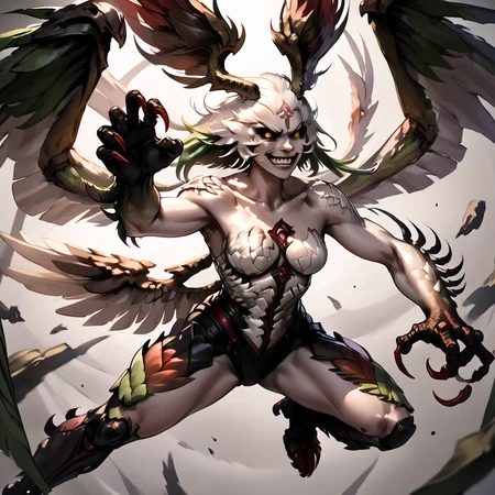 hi_res, score_9, score_8_up, FFXIVGaruda, flying, battle pose, intimidating, full body, manic smile, evil <lora:Garuda_Final_Fantasy_XIV-000009:1> <lora:OtherStyle_06:1> <lora:bad_prompt_version2-neg:1> <lora:By bad artist -neg:1>