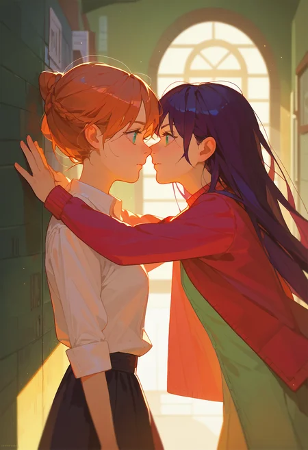 score_9, score_8_up, score_7_up, 2girls, kabedon from side, againt wall, [:hallway:0.3]
<lora:kabedon_pony_2:0.8>
