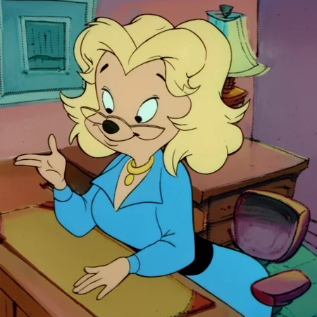 score_9, score_8_up, score_7_up, score_6_up, score_5_up, score_4_up, BREAK, <lora:Miss_Pennypacker:1>, misspennypacker, 1girl, solo, smile, long sleeves, dress, indoors, desk, retro artstyle, black eyes, lamp, furry female, furry, animal nose, glasses, blonde hair, blue dress, necklace, jewelry, short hair