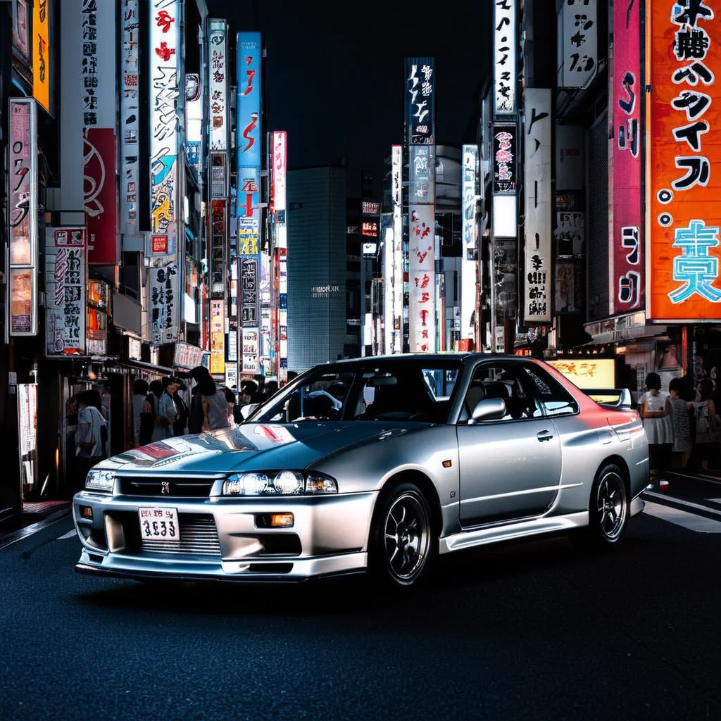 radiant darkness, a silver skyline r33, tokyo, neon lights, busy city <lora:Radiant_Darkness:1>