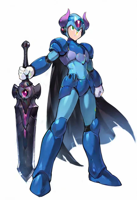 masterpiece, best quality, amazing quality, highres, high resolution, solo, score_9, score_8_up, score_7_up, 1boy, 1boy, :green_eyes, blue_helmet, blue_armor, blue_bodysuit, white_gloves, blue_boots, black greatsword, holding black greatsword, megax, gore magala armor, purple horn ornament, black cape, full body,