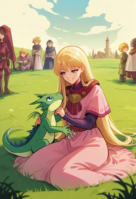 <lora:SkyDollXLV37:0.25>, <lora:alessandrobarbucci:0.15>,
young female, blue eyes, blonde hair, long hair, smile, sitting on ground, half-closed eyes, looking at another, pink dress,
green baby dragon, yellow eyes, sitting, looking at another,
field, high grass, outdoors,
solo focus,
fantasy, medieval,
, 5_fingers, <lora:AlessandroBarbucci:0.6>