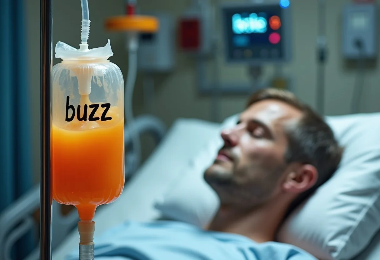 A person lying in a hospital bed with orange fluids being administered from an IV stand. The IV bag has the text "buzz" on it. A vitals monitor nearby says "broke".