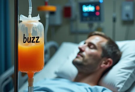 A person lying in a hospital bed with orange fluids being administered from an IV stand. The IV bag has the text "buzz" on it. A vitals monitor nearby says "broke".