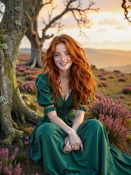 a cinematic and hyper-detailed and hyper-realistic portrait photograph captured in the rugged beauty of the scottish moor, a gorgeous young woman with wild, fiery red hair sits gracefully under a large, gnarled, ancient tree, leaning against the rough bark, her vibrant locks catching the golden hour light and flowing freely around her shoulders, her piercing green eyes sparkle with life and joy as she smiles warmly, her expression radiates youthful energy. the background showcases the expansive moorland, blanketed in blooming purple heather, dramatic clouds swirl across the sky, painted in rich hues of gold, pink, and lavender, crepuscular rays pierce through the clouds, the ancient treeâs twisted branches frame the composition, their rugged texture contrasting with her soft, youthful features. the girl's outfit is a flowing, deep emerald green dress with subtle embroidery, its color standing out beautifully against the earthy tones of the moor, complementing the fiery tones of her hair while drawing the viewer's attention, her elegant dress adds a sense of sophistication and contrast to the rugged natural setting. the lighting is warm and diffused, with the golden hour sunlight creating a soft, natural rim light around her figure and a gentle glow across the landscape, the clouds in the sky reflect the golden and pink hues of the setting sun, while the crepuscular rays add an ethereal, almost magical quality to the atmosphere. hyper-realistic, every detail is meticulously captured, from the texture of the ancient tree bark to the vibrant purple of the heather blossoms and the individual strands of her wild, fiery hair, the rich color palette of warm golds, earthy greens, and soft pinks is enhanced by the bold emerald green of her dress, evoking a sense of freedom, wonder, and connection to nature. shot on a medium-format camera with an 85mm f/1.4 lens for sharp focus on the girl while subtly blurring the background, emphasizing the subject while retaining the grandeur of the moor and sky, fictionalsabrina, aidmafluxpro1.1, midjourney_whisper_avant_couture,
<lora:sabrina-character-flux-by_meower2024:0.9>
<lora:flux_pro1.1_detailer-v0.2-flux-by_aidma:0.24>
<lora:midjourney_whisper_avant_couture-flux-by_aihonobono2023:0.24>