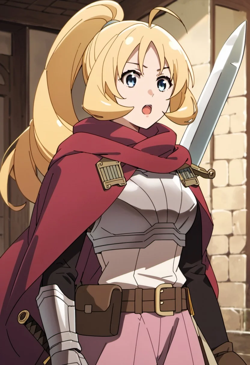 score_9, score_8_up, score_7_up, source_anime, rina rupaage, blonde hair, ponytail, blue eyes, anime coloring, 1girl, weapon, sword, solo, long hair, armor, open mouth, cape, breastplate, ahoge, belt, holding weapon, holding