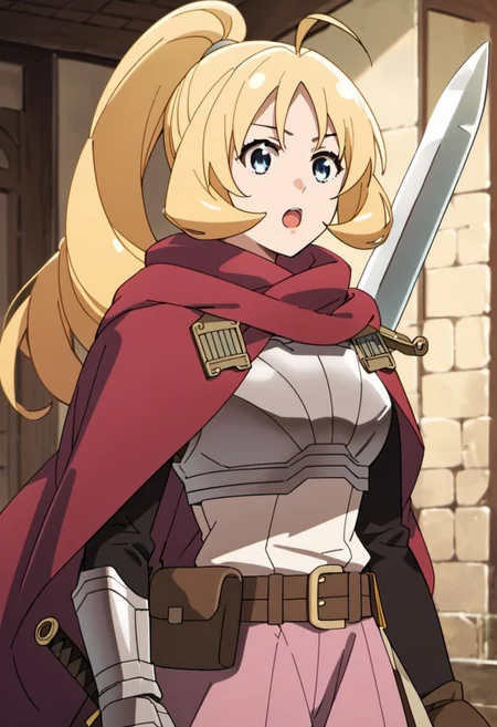 score_9, score_8_up, score_7_up, source_anime, rina rupaage, blonde hair, ponytail, blue eyes, anime coloring, 1girl, weapon, sword, solo, long hair, armor, open mouth, cape, breastplate, ahoge, belt, holding weapon, holding