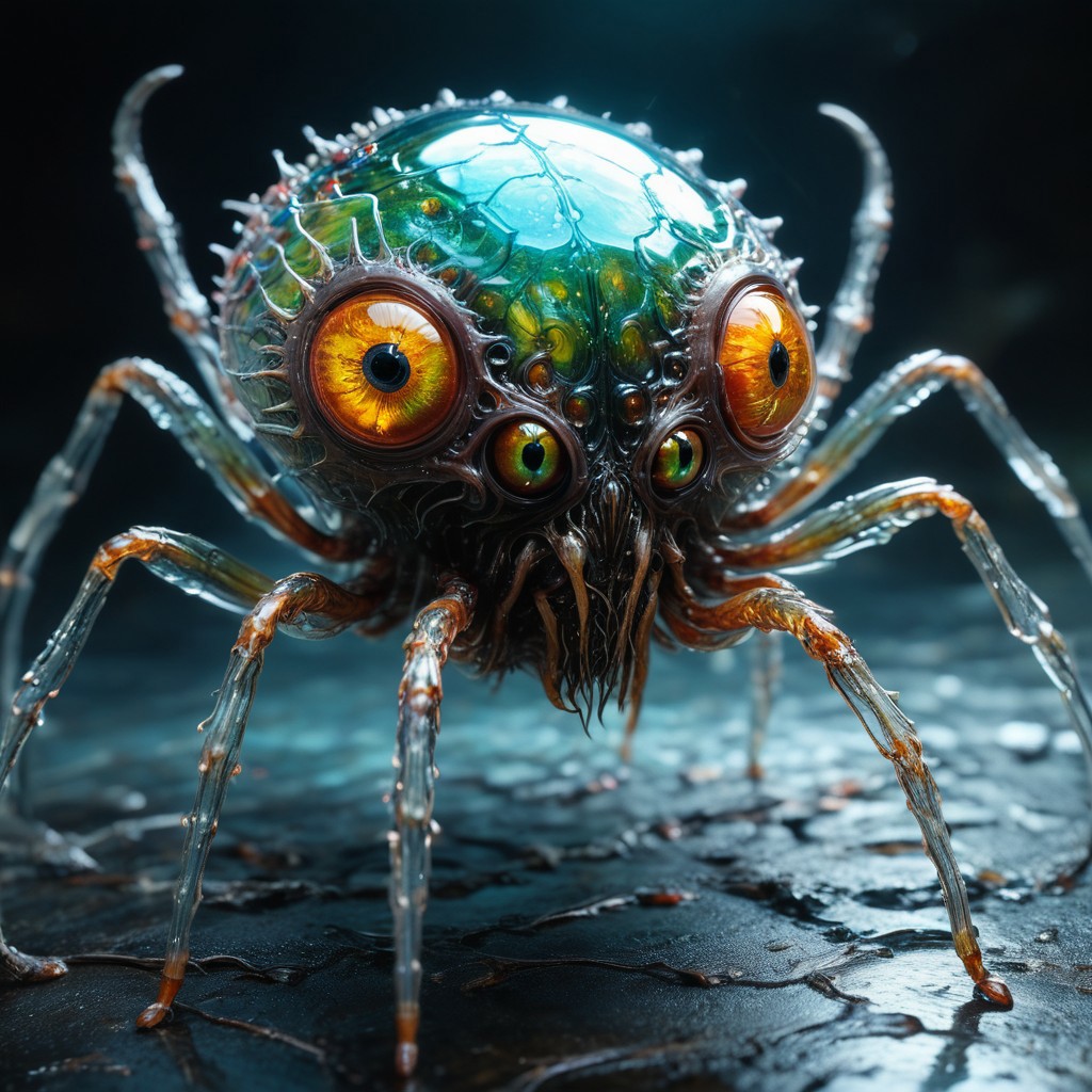 bioengineered glass spider monster, many legs, spindly legs, lots of eyes, (transparency:1.4), (detailed cybernetic implants fused with organic matter), visible organs, visible brain, full body, hundreds of tiny eyes,  (with intensely vibrant swirling colors:1.3), realistic photo,  artialien, looking at viewer