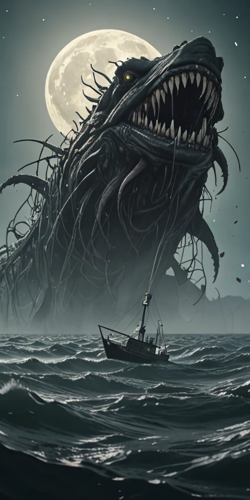 a giant sea monster is seen deep below a fishing boat on the surface of a choppy ocean, large moon, particles, raytracing, photo, NIGHT, dlss3.5