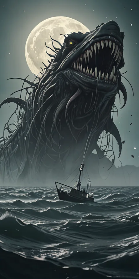 a giant sea monster is seen deep below a fishing boat on the surface of a choppy ocean, large moon, particles, raytracing, photo, NIGHT, dlss3.5