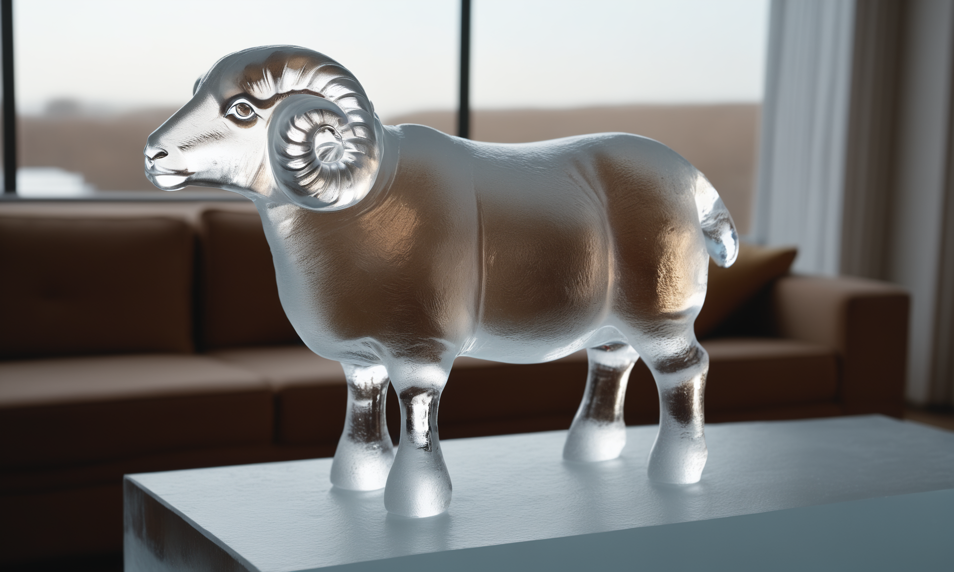 <lora:icecarvingcd_xl-000013:0.8>,close-up,a sheep sculpture made of (icecarvingcd_xl,transparent:1.2,see-through:1.2,air bubble,cracked:1.3,broken:1.3,melting ice:1.3) on table,chilled,indoors,living room,simple background,no humans,fine art,detailed,hi-res photo, emotional,harmonious,high budget,moody,epic,gorgeous,perfect lighting,realistic,photorealistic,photographic,photo (medium),real,moody lighting,volumetric lighting,reality ray tracing,8K,HDR,UHD,masterpiece,best quality,highly detailed,high resolution,finely detail,extremely detailed,ultra detailed,wallpaper