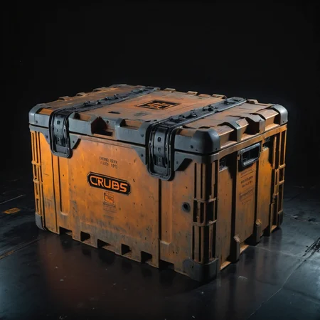 photo focus on military sturdy crate box , with hydraulic metal lock, from above, science fiction, glowing cyberpunk, translucent, <lora:IteMaker-v1e3:1>, black background, orange theme , film, professional, 4k, highly detailed, grit, (rust:0.65), cracks, cracked surface, subtle messy, dust, weary, edges rusty dusty, surface scratches, peeled sun bleeched paint, smudges, crumbles, rugged, used