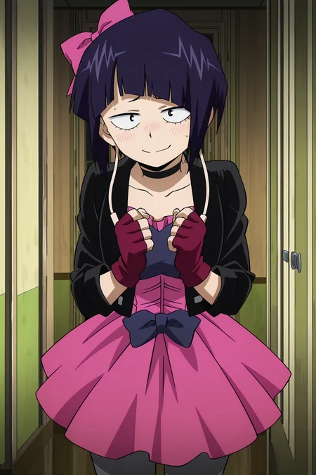 anime screencap, anime coloring, detailed face, masterpiece, best quality, very aesthetic, absurdres, volumetric lighting, official style, amazing quality, ultra detailed,  highres, amazing quality, scenery, beautiful detailed hair, beautiful detailed eyes,
<lora:StS-Illustrious-Detail-Slider-v1.0:4>
indoors
<lora:Kyoka_Jiro_My_Hero_Academia:1>
Kyoka Jiro (character), jirou kyouka, gloves, fingerless gloves, pantyhose, dress, 1girl, choker, jacket, blush, short hair, audio jack, bow, black jacket, black eyes, closed mouth,
looking at the viewer,  nervous smile,