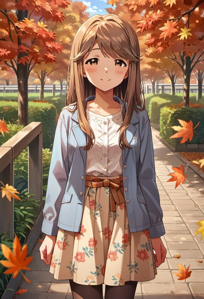 score_9, score_8_up, score_7_up, source_anime,tenkubashi tomoka, brown hair, brown eyes, 1girl, autumn leaves, outdoors, long hair, skirt, smile, maple leaf, floral print, blush, shirt, pantyhose, day