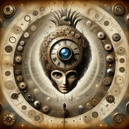 vintage-style poster with a bird's-eye view of an endless spiral made from clock faces, descending into infinity. At the center of the spiral, place a large, detailed head of Doctor Who, looking directly at the viewer. The atmosphere should be nostalgic and mystical, with a sense of adventure. Incorporate vintage typography and distressed textures to give the poster a retro feel. Use a warm color palette with shades of gold, brown, and cream to evoke a sense of aged paper. Add subtle lighting effects to highlight the Doctor's face and the clockwork details. The overall design should evoke a sense of timelessness and wonder