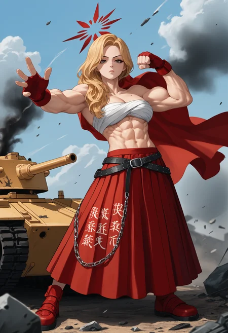 score_9, score_8_up, score_7_up, 1girl, akekur, grey eyes, blonde hair, long hair, mole under eye, red halo, large breasts, muscular female, abs, navel,
chest sarashi, red gloves, fingerless gloves, midriff, red hakama skirt, black belt, chain, delinquent, clothes writing,
looking at viewer, serious, arms at sided, clenched hands, fighting stance,
outdoors, smoke, fire, battlefield, debris, grey sky, cloudy sky, full body, tank, main battle tank, military vehicle,
<lora:Kurihama-Akemi-PDXL_V1-Manityro-CAME:1.0>,