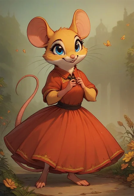 score_9, score_8_up, score_8, (solo), (fluffy:0.8), (feral), outdoors, furry, (((mouse))), female, vivid blue eyes, yellow fur, yellow ears, (fluffy cheeks:0.4), (red dress), cute, in the style of beatrix potter, cel-shading,