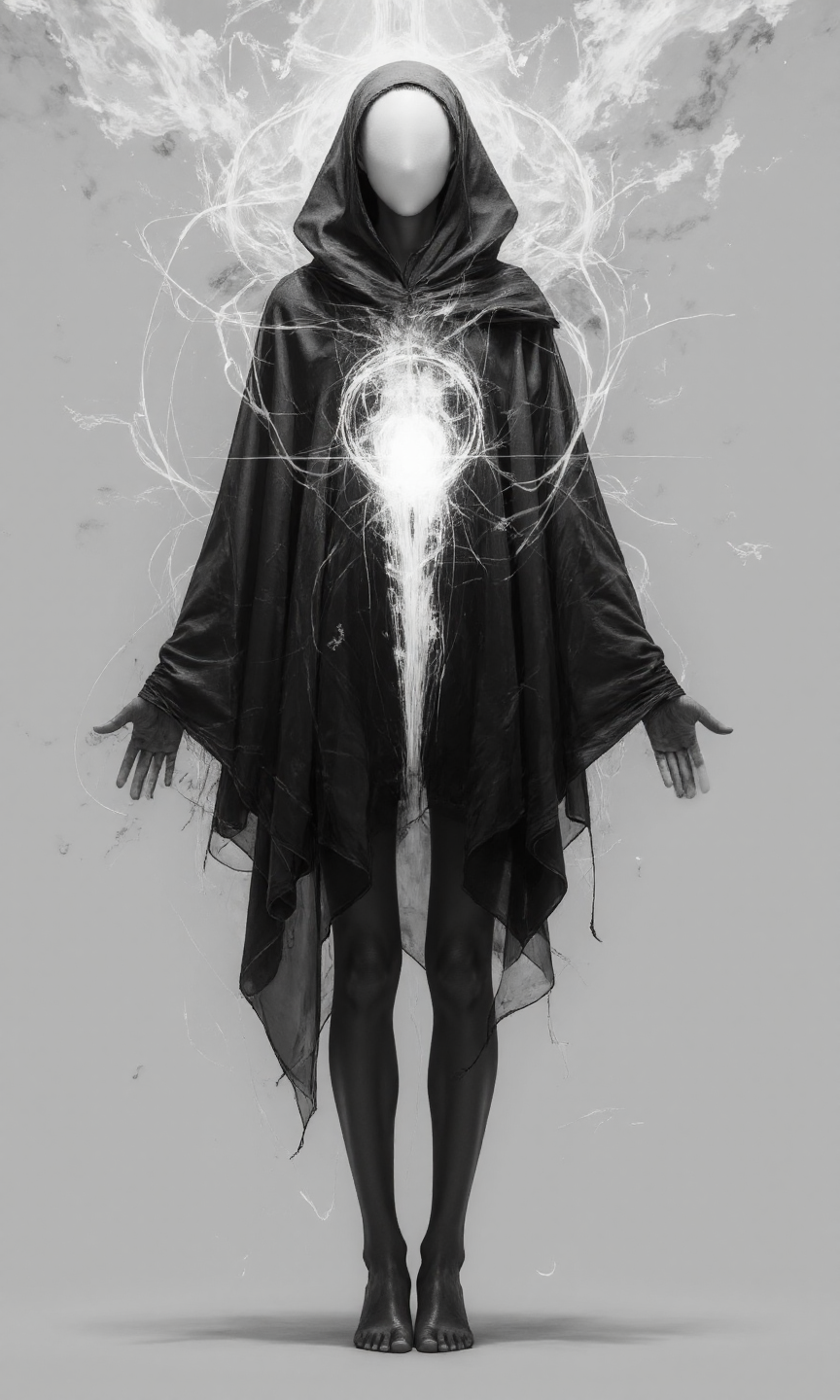 The digital artwork depicts a full-body view of a mysterious, cloaked figure, rendered in a futuristic, ethereal art style, with a monochromatic palette dominated by shades of white, light gray, and black, the figure's body pose is standing upright, facing the camera, with arms slightly outstretched, as if presenting or revealing something, creating a symmetrical and imposing composition, its face is completely obscured by a smooth, white, featureless mask or helmet that glows faintly, suggesting an otherworldly or robotic being, the figure is draped in a large, flowing, black cloak made of a translucent, almost smoke-like material, that billows around its form, revealing a glowing, white, energy-like core at its chest, this core is intricately detailed, resembling a network of circuits or a futuristic power source, emitting a bright, white light that illuminates the surrounding cloak, the background is a plain, light gray, with subtle, white, wispy patterns that resemble clouds or energy fields, enhancing the sense of ethereal mystery, the lighting is primarily focused on the figure's glowing head and chest, creating a strong contrast with the dark cloak and highlighting the otherworldly elements, The figure's form is slender and androgynous, with the cloak's flowing lines adding to the sense of graceful, almost supernatural movement., <lora:FLUX-daubrez-DB4RZ-v2:0.3> DB4RZ, DB4RZ style painting
<lora:aidmaRealisticSkin:0.8> aidmarealisticskin