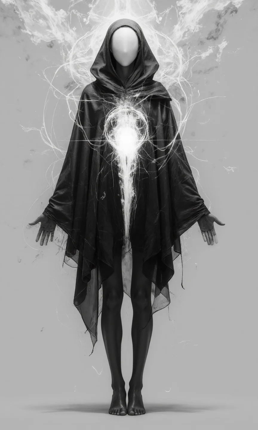 The digital artwork depicts a full-body view of a mysterious, cloaked figure, rendered in a futuristic, ethereal art style, with a monochromatic palette dominated by shades of white, light gray, and black, the figure's body pose is standing upright, facing the camera, with arms slightly outstretched, as if presenting or revealing something, creating a symmetrical and imposing composition, its face is completely obscured by a smooth, white, featureless mask or helmet that glows faintly, suggesting an otherworldly or robotic being, the figure is draped in a large, flowing, black cloak made of a translucent, almost smoke-like material, that billows around its form, revealing a glowing, white, energy-like core at its chest, this core is intricately detailed, resembling a network of circuits or a futuristic power source, emitting a bright, white light that illuminates the surrounding cloak, the background is a plain, light gray, with subtle, white, wispy patterns that resemble clouds or energy fields, enhancing the sense of ethereal mystery, the lighting is primarily focused on the figure's glowing head and chest, creating a strong contrast with the dark cloak and highlighting the otherworldly elements, The figure's form is slender and androgynous, with the cloak's flowing lines adding to the sense of graceful, almost supernatural movement., <lora:FLUX-daubrez-DB4RZ-v2:0.3> DB4RZ, DB4RZ style painting
<lora:aidmaRealisticSkin:0.8> aidmarealisticskin