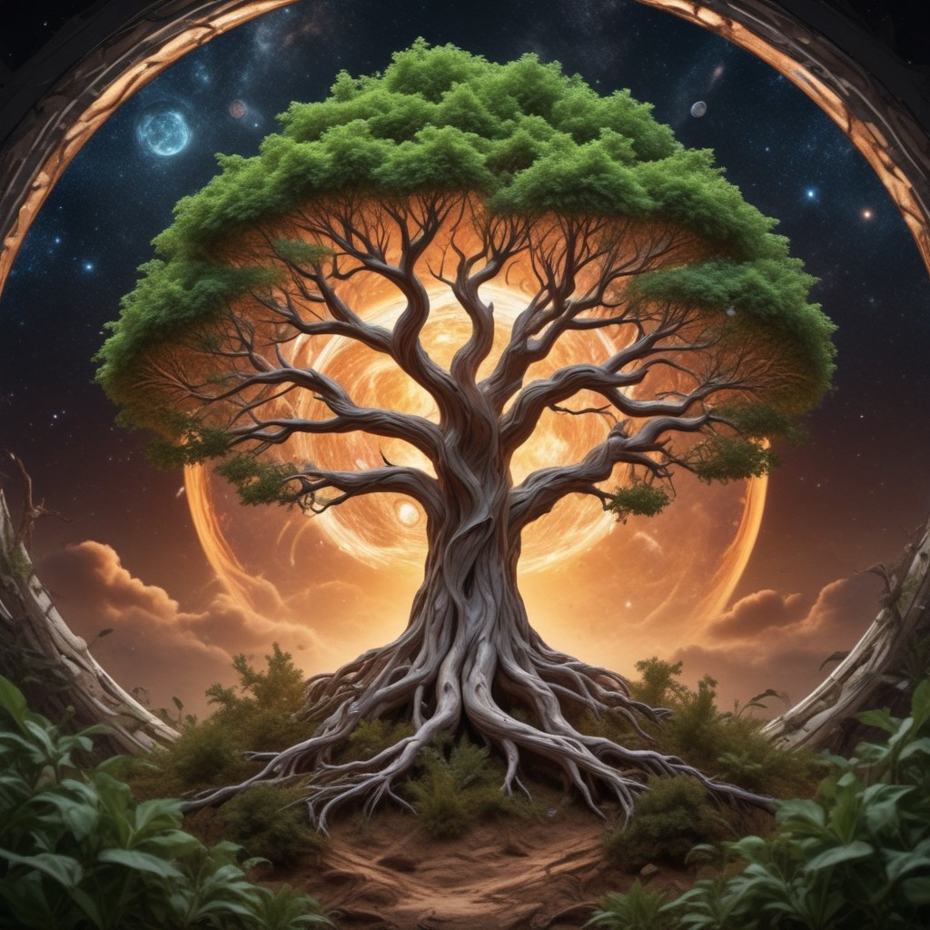 white huge tree grows from the black hole in the center of galaxy, fluorescent leaves, white glowing bark, alien colorful planets grow on branches of the tree, life energy flows through the roots of the tree, space, cosmic scenery, clouds of cosmic dust around, black background, hyperrealistic, photorealistic, atmospheric scene, depth of field, 8k quality, extreme detailed, colorful, award-winning masterpiece, abstract beauty