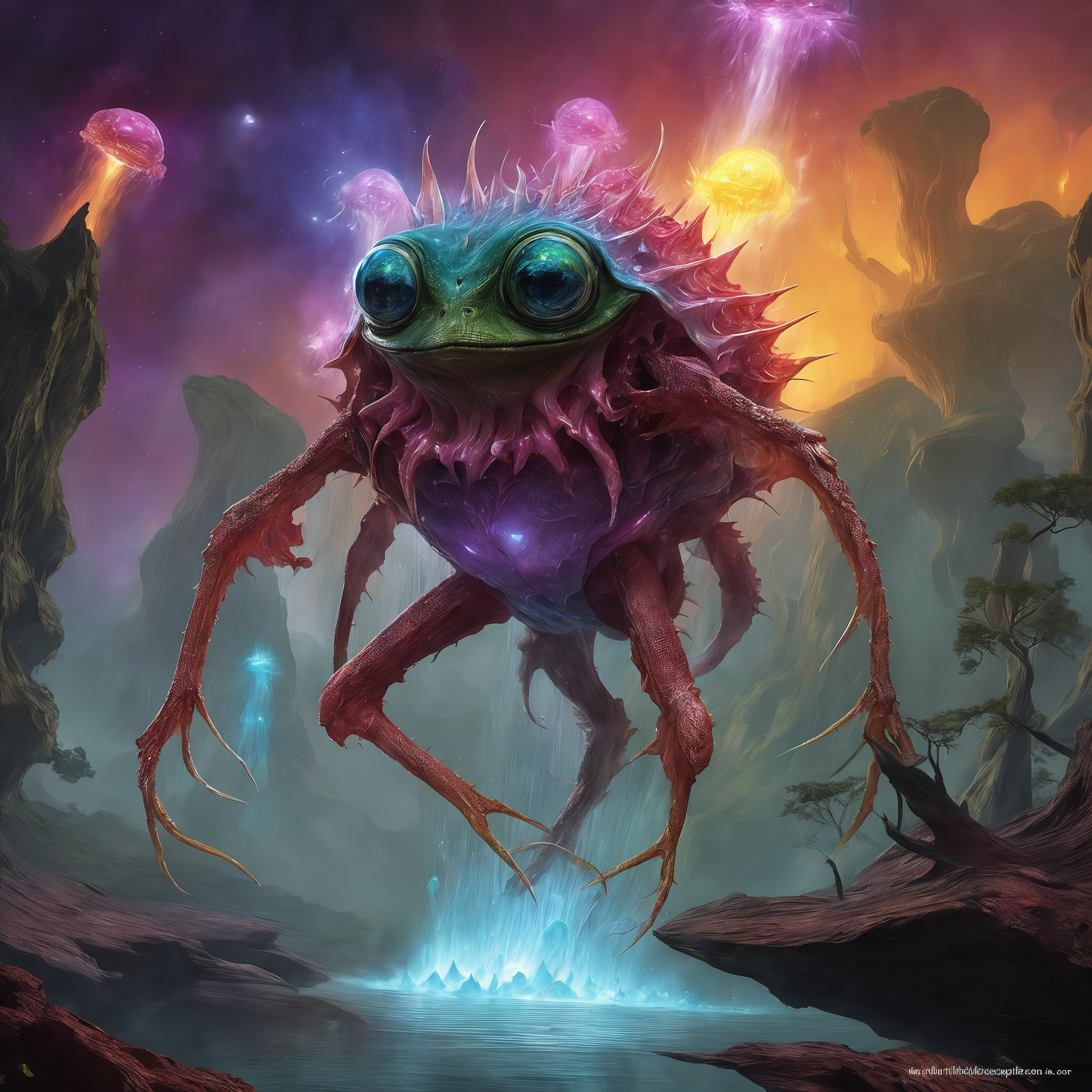 <lora:add-detail-xl:2.0>, famous artwork (by jeff miracola:1.3), (fractal art:1.1), fantasy style, seen here is the wondrous (amphibic:1.2) shrieking loggremlin with its quadderbonused zofti and (sleek, streamlined features:1.2). it prefers to grunkle next to one of the colorful and frequently (erupting geysers:1.4) of the youbled exoplanet marvin'sworld, masterpiece, best quality