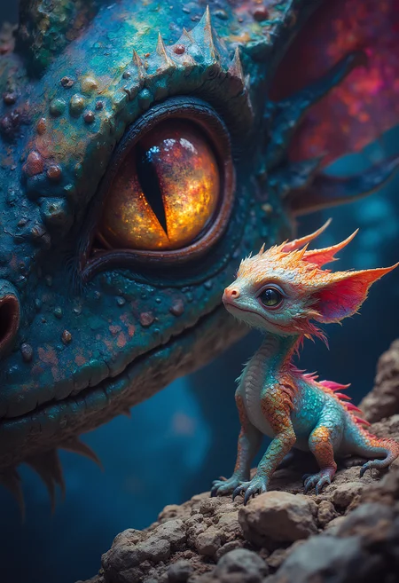 An extreme Closeup of a giant midnight dragon eye looking at a cute newborn colorful baby dragon standing on the edge of a cliff, father and son, fantasy, light and dark contrast, contrasting colors, extreme details, sharp image, vibrant, epic, Vibrant Glow, colorful bokeh