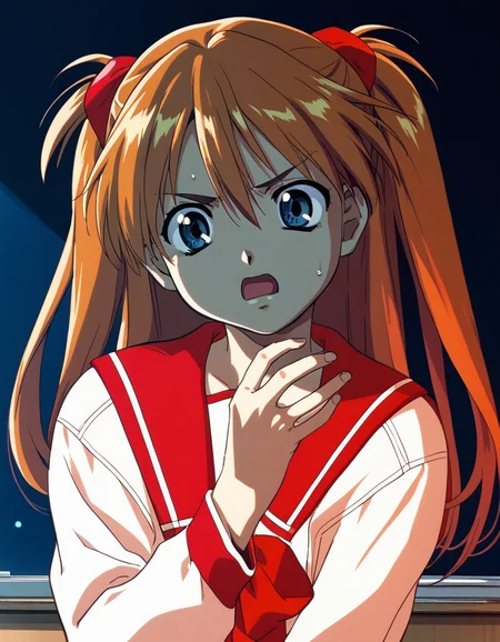 score_9, score_8_up, score_7_up, <lora:to-heart-ponyxl:0.9> 1girl, solo, souryuu asuka langley, serafuku, open mouth, annoyed, sweat, classroom, dim lighting, night, upper body