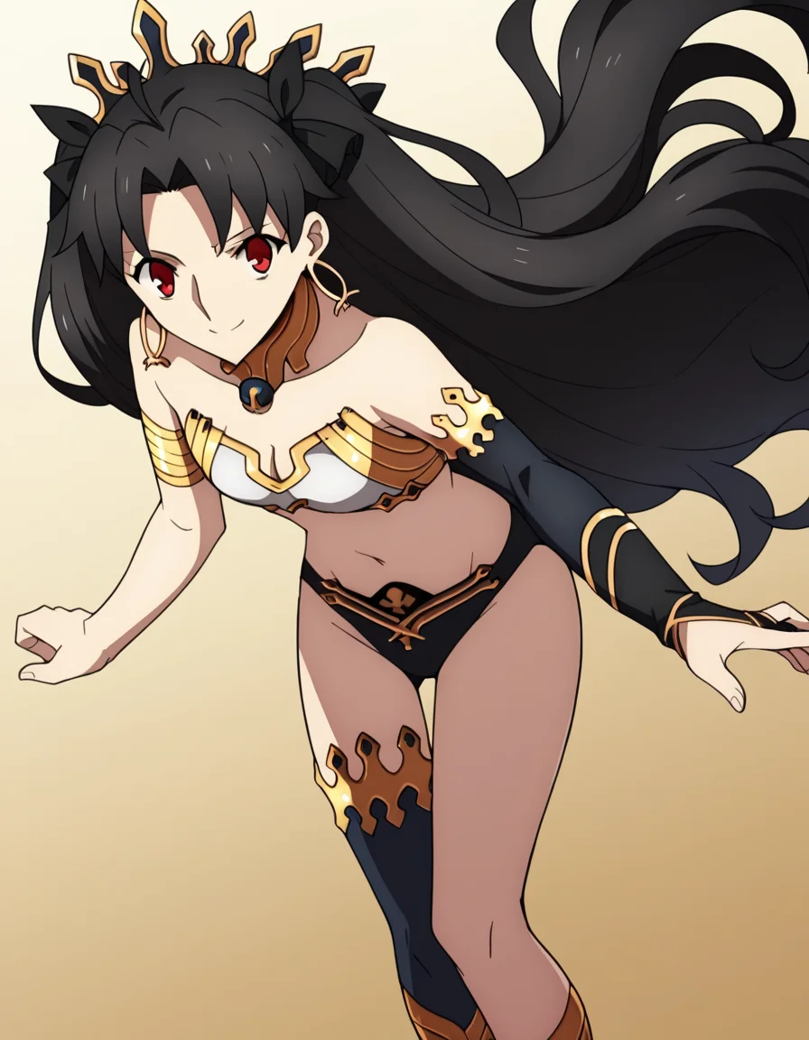 score_9, score_8_up, score_7_up, source_anime,
ishtar, <lora:ishtar-babylonia-s1-ponyxl-lora-nochekaiser:1>,
ishtar, long hair, black hair, ribbon, hair ribbon, two side up, red eyes, parted bangs, crown,
thighhighs, navel, jewelry, earrings, single thighhigh, armlet, asymmetrical legwear, anklet, uneven legwear, neck ring, single elbow glove, asymmetrical sleeves, uneven sleeves,
oasis, bent over, smile,
looking at viewer, cowboy shot, solo, dutch angle,
