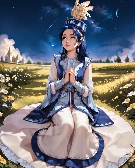 score_9, score_8_up, score_7_up, 1girl, wearing kazfa, very detailed clothing, sitting in the grass, looking up at night sky, (very detailed milky way:1.1), outdoors, starry sky, long hair, masterpiece, extremely detailed, highest quality, absurdres, 8k, (detailed,best quality:1.2), detailed face, detailed hair, <lora:ITITI:1>, PRSNL_3_1, <lora:KazakhFashionXL:1.2>