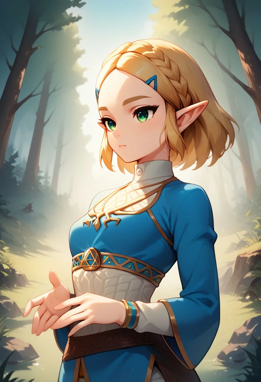 score_9, score_8_up, score_7_up, score_6_up, score_5_up, score_4_up, (forest setting)
1girl, (zelda), blonde hair, green eyes, petite, Perfect Hands, perfect eyes,