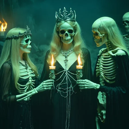 <lora:80sFantasyMovieSDXL2:1> ArsMovieStill, 80s Fantasy Movie Still, The image shows three people dressed up as skeletons standing in a dark and eerie setting. The person on the left is a blonde woman with long hair wearing a black dress and a headpiece with a crown on her head. She is holding a lit candle in her hands and appears to be looking at the other two people. The two people in the middle are wearing black robes with silver accents and headpieces with skulls on their heads. The background is dark and ominous with a hint of smoke and flames. The overall mood of the image is eerie and mysterious., blonde hair, candle, skeleton, 1girl, long hair, jewelry, dress, multiple boys, holding, skull