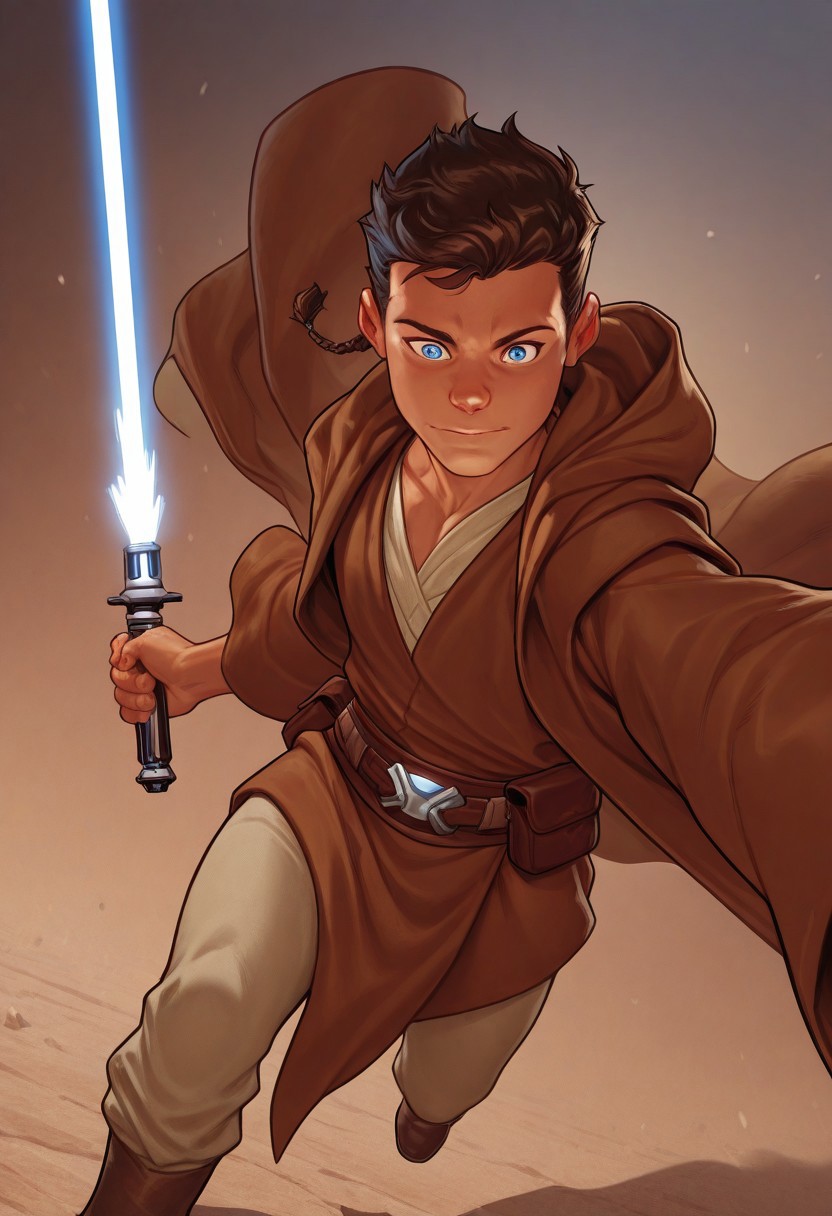 masterpiece, absurdres, high quality, perfect anatomy, 1boy, solo, cute boy, male focus, jedi robe, Caleb Dume, Brown Hair, Padawan Braid, Blue Eyes, Brown Robe, Brown Tunic, Tan Shirt, Belt, Tan Pants, holding a lightsaber, blue lightsaber, cinematic, intricately detailed illustration, depth of field, masterpiece, best quality, amazing quality, very aesthetic, absurdres, newest, very awa,  shadow, dynamic angle, casual cosplay, skinny, toned, dynamic pose,