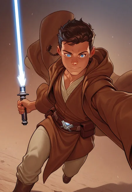 masterpiece, absurdres, high quality, perfect anatomy, 1boy, solo, cute boy, male focus, jedi robe, Caleb Dume, Brown Hair, Padawan Braid, Blue Eyes, Brown Robe, Brown Tunic, Tan Shirt, Belt, Tan Pants, holding a lightsaber, blue lightsaber, cinematic, intricately detailed illustration, depth of field, masterpiece, best quality, amazing quality, very aesthetic, absurdres, newest, very awa,  shadow, dynamic angle, casual cosplay, skinny, toned, dynamic pose,