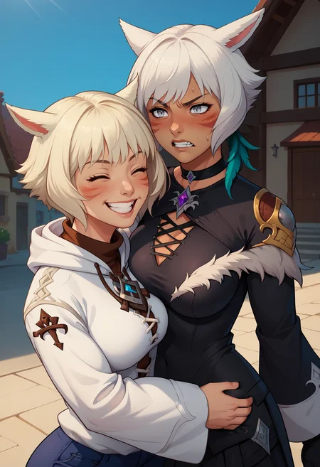 score_9,score_8_up,score_7_up, 2girls, breast press, hug, cowboy shot, breast size difference, shtla, dark-skinned female, slit pupils, animal ears, tail, whisker markings, short hair, breast press, look-alike, <lora:YshtolaRhulPDXL_V1-Manityro-CAME:1.0>
1girl, happy, closed eyes, platinum blonde hair, arrOtft, turtleneck, hood, pendant, white dress, short dress, cross-laced, white sleeves, blue pants, excited, medium breasts, grin,
1girl, annoyed, pushing away, resisting, clenched teeth, trembling, pushing, hand on another's chest, leaning back, looking at another, large breasts, grey eyes, white hair, feather earrings, shaOtft, brooch, black halterneck, black choker, shrug \(clothing\), black dress, long dress, fur-trimmed dress, wide sleeves, black gloves, partially fingerless gloves, claw ring, laced-up boots