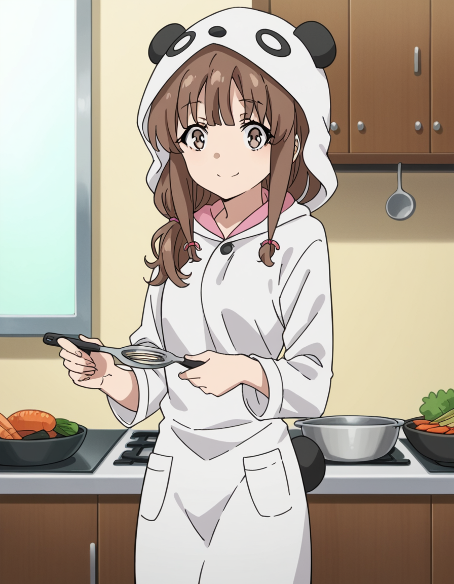 score_9, score_8_up, score_7_up, source_anime, <lora:kaede-azusagawa-s1-ponyxl-lora-nochekaiser:1>, kaede azusagawa, long hair, bangs, brown hair, brown eyes,, animal ears, tail, hood, pajamas, animal hood, animal costume, panda ears,, kitchen, cooking, apron, cutting vegetables, home cooking, smile, looking at viewer, solo,, cowboy shot, dutch angle